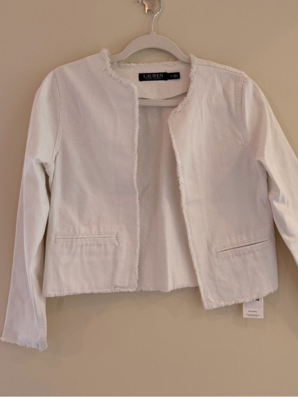 Lauren Ralph Lauren White Frayed-Trim Cropped DenimJacket